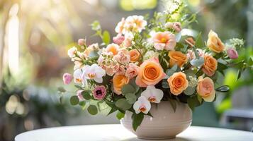 Bouquet of pink roses, ranunculus and orchids on a table in a ceramic vase photo
