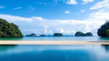 View from the pool on the beach to the green tropical coastline, blue ocean and islands photo