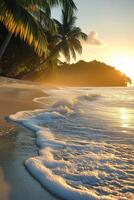 Sunset landscape with palm trees and tropical plants and ocean and mountain views photo