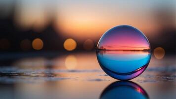 A colorful glass sphere on a reflective surface with a vibrant gradient background featuring pink and blue hues, creating a modern abstract aesthetic. photo