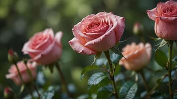 Pink roses beautifully displayed with a soft green blurred bokeh background ideal for a copy space image. photo