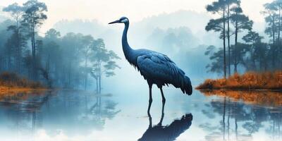 Double exposure silhouette of a blue crane with forest in the background. photo