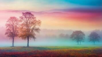 The landscape is shrouded in a thick colorful mist giving it a mystical and dreamy appearance. photo