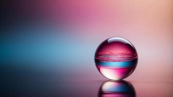 A colorful glass sphere on a reflective surface with a vibrant gradient background featuring pink and blue hues, creating a modern abstract aesthetic. photo