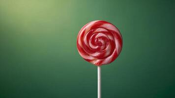 Lollipop on a stick on a green background, Colorful sweet treat lolly for kids with copy space. photo