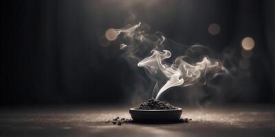 A monochrome image of smoke escaping from a dark chamber's peak, revealing a beacon of light within. photo