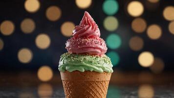 Sparkling ice cream cone with bokeh background. photo