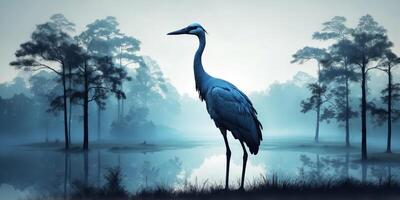 Double exposure silhouette of a blue crane with forest in the background. photo