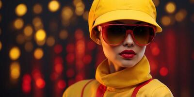 A futuristic fashion model in yellow and red attire with oversized visor glasses Modern editorial blending bold colors and minimalist design. photo