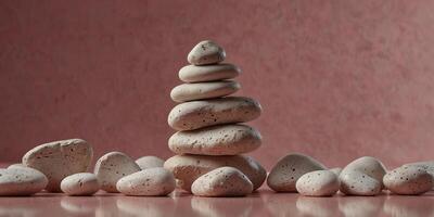 Stack of smooth white stones on pink background. photo