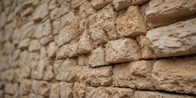 A classic limestone wall with small fossils and natural pits, in warm beige. photo