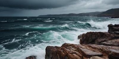 Rocky coastline, crashing waves, stormy sky, Watercolor style. photo