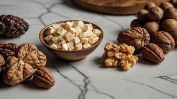 concept snack natural and food Healthy view top shadows, with surface marble on half walnut Single. photo