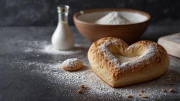 concept preparation baking surface, floured a on dough Heart-shaped. photo