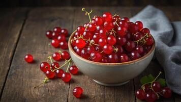 A bowl filled with ripe red currants on a rustic wooden surface with ample copy space for an image. photo