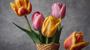 Concept of spring with tulips in waffle cones for a colorful and creative copy space image. photo