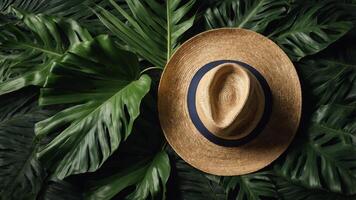 A summery theme showcasing a straw hat and tropical leaf in a top-down view, perfect for a copy space image. photo