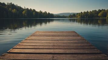An aged wooden dock extending into a serene lake providing a picturesque copy space image. photo