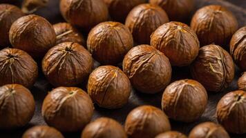 concept food Minimalist close-up background, neutral a on hazelnut Single. photo