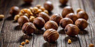 hazelnuts spilled on a wooden table - overhead view. photo