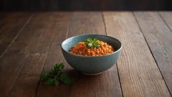 Red lentil bowl arranged on a wooden surface with copy space image. photo