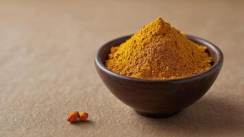 A small glass bowl of turmeric root powder on light brown mulberry paper with a copy space image displayed. photo