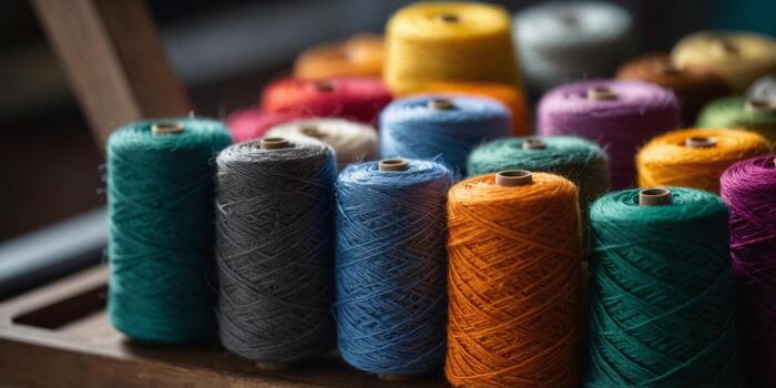 A tangle of vibrant silky threads stretch out from the intricately designed guide bars of the knitting machine creating a colorful array of potential creations. photo