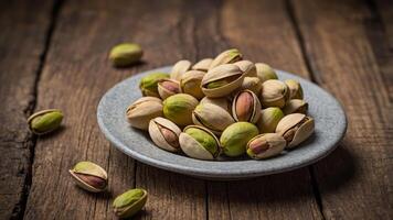 A plate of pistachios on a rustic wooden table providing a background with a copy space image highlighting their nutritious value as a healthy vegetarian protein snack. photo