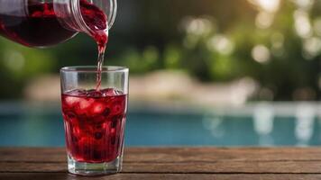 Pouring cranberry juice into a glass on a wooden table in a close up shot with copy space image. photo