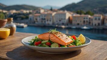 Plate with fresh vegetable salad and baked salmon a Mediterranean diet concept with a scenic copy space image. photo