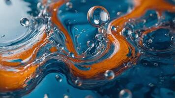 Abstract fluid art of blue and orange colors merging with bubbles in water. photo