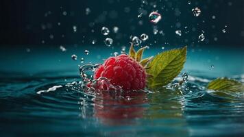 Raspberry and mint leaf falling into water splash. photo
