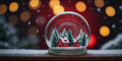 Red Christmas bauble with snow in a glass jar Creative winter background Flat lay, top view. photo