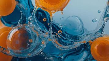 Abstract fluid art of blue and orange colors merging with bubbles in water. photo