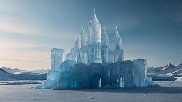 A frozen castle made of ice and light standing on a glacier. photo