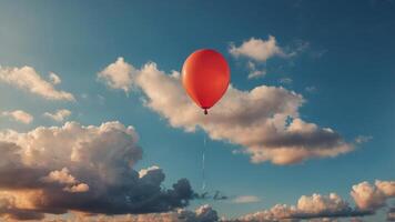 Red balloon floating in a blue sky with orange clouds, dreamy and whimsical concept. photo