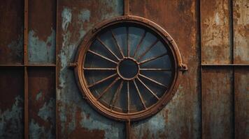 Rusty metal surface with circular window frame. photo