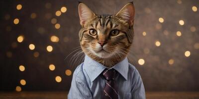Business cat in a shirt with a tie on a brown background. photo