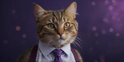 Business cat in a shirt with a tie on a purple background. photo