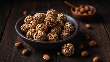 Top down view of nut balls dessert placed on a dark wooden table perfect for a delightful coffee break with a spacious copy space image. photo
