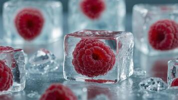 concept refreshing cubes, ice in raspberries Frozen. photo