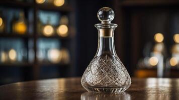 A closer look at the delicate etchings on a vintage crystal decanter an elegant touch to any wine presentation. photo