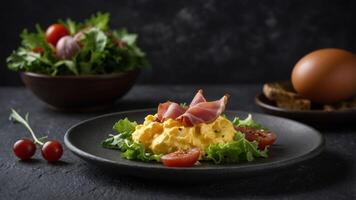 Scrambled eggs with prosciutto and salad presented on a dark grey slate background with copy space image. photo