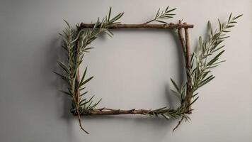 A minimalist Boho frame with single twigs of olive branches encircling a clear space. photo