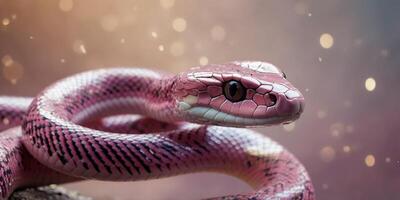 A close-up of a glittering, pink snake presented with artistic effects amidst a sparkling, abstract background. photo
