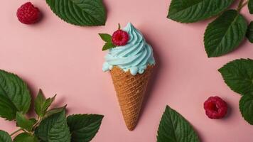 Ice cream cone surrounded by raspberry, blueberry, and green leaves on a pink background, flat lay Summer dessert and freshness concept. photo