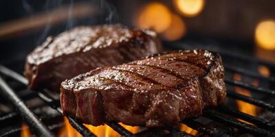 Plump juicy steaks with a perfect sear are served fresh off the grill The meat comes from nearby ranches ensuring the highest quality and flavor. photo