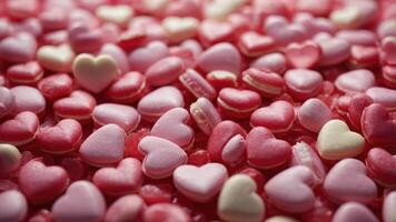 A vibrant valentine's day background filled with an array of heart-shaped pink candies, evoking feelings of love and sweetness in this delightful confectionery display. photo