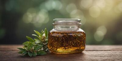 A jar filled with a natural blend of essential oils ready to be added to a refreshing ice bath. photo
