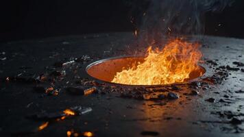 Hole in metallic surface with fire and glowing embers. photo